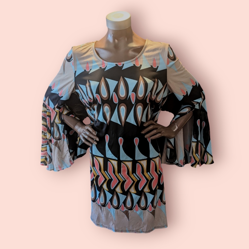 MSK Dress Womens L Geometric Chiffon Flare Bell Sleeve Bohemian Retro